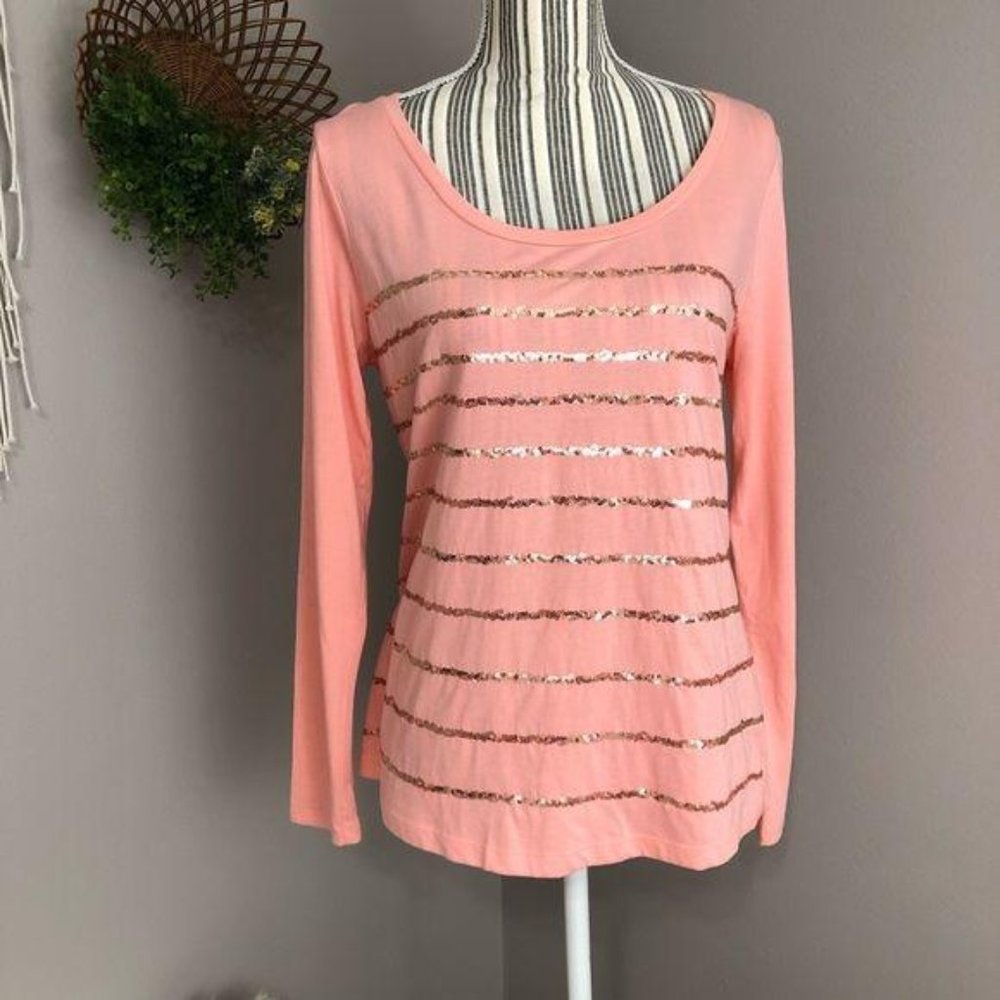 3/$25 Apt 9 medium long sleeve peach top gold trim